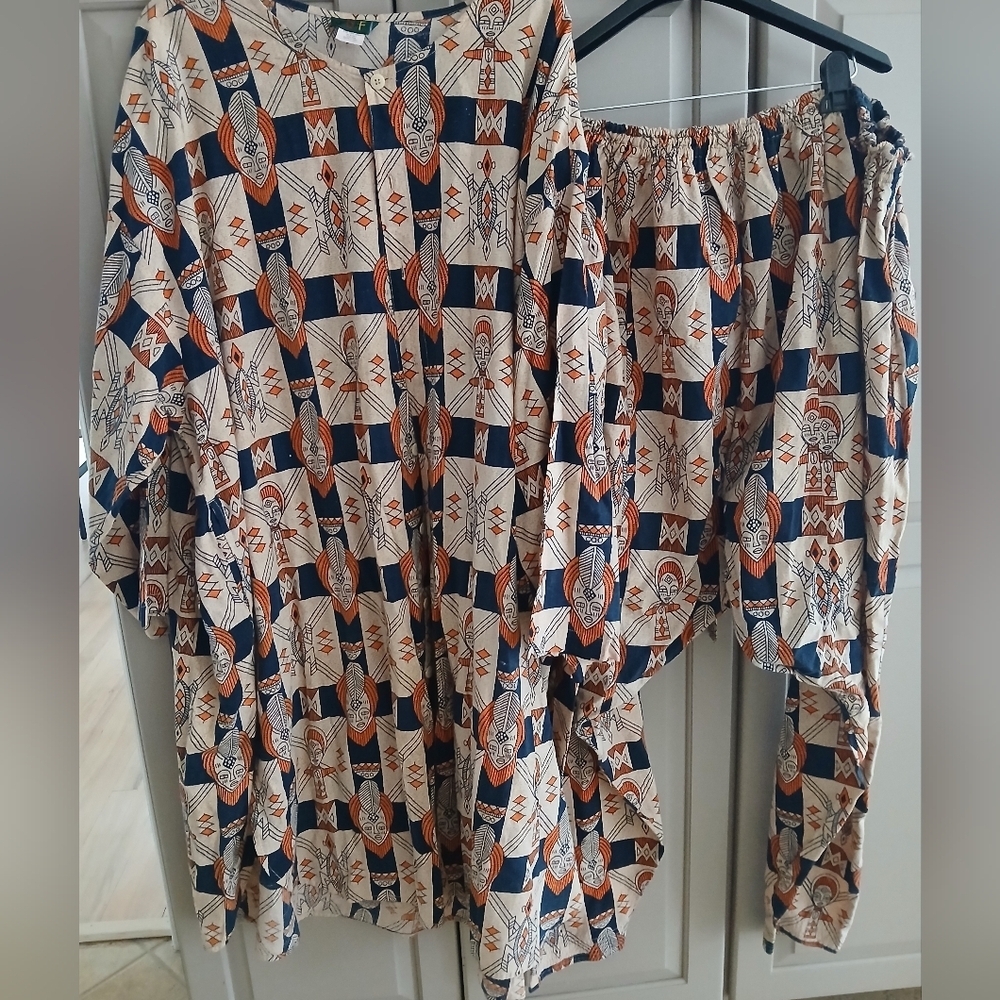 Vintage Tunic Tribal African Multicolored Women’s Two Piece Set Plus Size:3XL